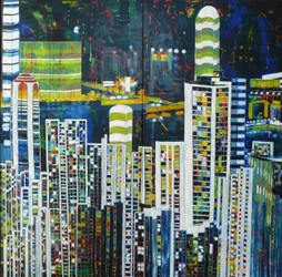 En livlig by om natten