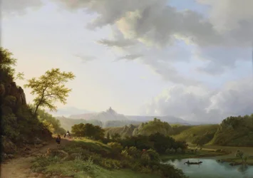 Et panoramisk sommerlandskab med rejsende og en borgruin i det fjerne