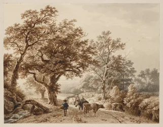 Et landskab med tæt egeskov, befolket med kvæg og figurer