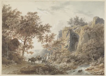 I et klippefyldt landskab beder bønder foran et kapel