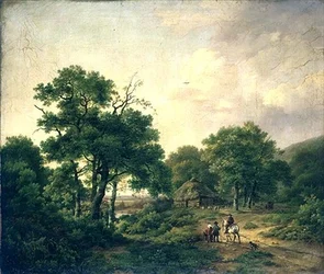 Skovlandskab med figurer (olie på lærred)