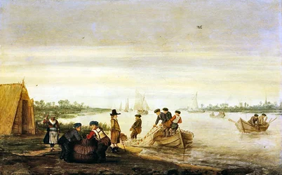 Flodscene med fiskere, der tegner net