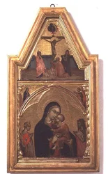 Madonna og barn med St. Johannes Døberen og St. Catherine, med korsfæstelsesscenen ovenfor