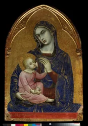 Jomfruen og Mariabarnet ammer Jesus Kristus, som har en halskæde af koral. Maleri på træ af Barnaba da Modena (kendt fra 1361 til 1383) Dim. 1,09x0,72 m Paris, Musée du Louvre.