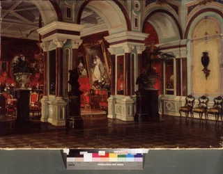 Tegnestue. Beskrivelse af arkitekturen og udsmykningen (møbler, maleri). Maleri af Ernest Karlovich Liphart (1847-1932), olie på lærred