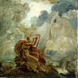 Ossian tryller ånderne frem med sin harpe på bredden af floden Lora, ca. 1811 (se 146776)