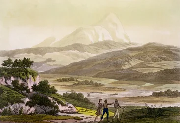 Mount Cayambe, Ecuador, fra "Le Costume Ancien et Moderne", bind II, plade 3, af Jules Ferrario, graveret af Paolo Fumagalli, udgivet omkring 1820-30