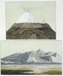 Cotopaxis top (øverst) og Cotopaxis udbrud, 1803 (nederst), fra 
