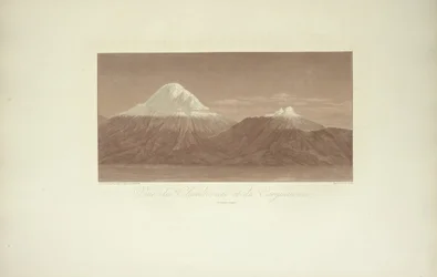 Udsigt over Chimborazo og Carguairazo, tegnet af Gmelin, indgraveret af Arnold, illustration fra "Views of the Cordilleras and Monuments of the Native Peoples of America" ​​af Alexander von Humboldt og Aime Bonpland, 1813