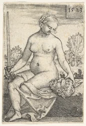 Judith, siddende nøgen med et sværd i højre hånd, mens hun ser ned på Holofernes