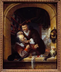 Medicin: "" en læge laver en lille blødning for at behandle sin patients hovedpine"" Maleri af Bartholomeus Maton (1643-1684) 1600-tallet søn. 0,27x0,21 m Paris, Musee du Petite Palais
