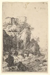 Kaskader nær Ponte della Trave, med bygninger på et klippefremspring ovenover, fra serien ..., 1639.