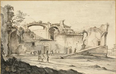 Rejsende foran en ruin