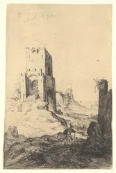 Udsigt over Ponte Mammolo, en bro i baggrunden, et tårn med rampe i mellemgrunden..., 1639.