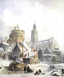 Børn leger på en frossen flod, Deventer Cathedral Beyond