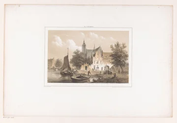 Bybillede med flod og kirke