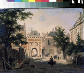 ""Udsigt over en hollandsk by"" Gadebillede, en husmor vender tilbage fra markedet, kurvene fyldt. Maleri af Bartholomeus Johannes van Hove (1790-1880) Mikhail Kroshitsky kunstmuseum fra det 19. århundrede, Sevastopol (Sevastopol) Ukraine