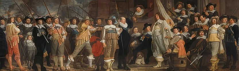 Officerer og andre geværmænd under ledelse af kaptajn Roelof Bicker og løjtnant Jan Michielsz Blaeuw. Omkring 1640-43