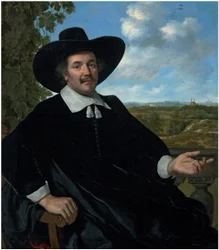 Portræt af Gabriel Marselis, trekvart længde, siddende, foran en balustrade, et landskab med et landsted og en fjern udsigt over Haarlem bagved