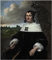 Portræt af en dame, sandsynligvis Hester du Pire, siddende foran en balustrade med en vifte i hånden og med udsigt til havet.