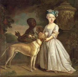 En ung pige med en hund og en side