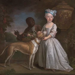 En ung pige med en slaveret tjener og en hund