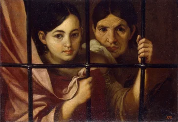 Deux femmes derriere une grille (Two Women Behind a Grille) - Maleri af Bartolome Esteban Murillo (1617-1682), olie på lærred