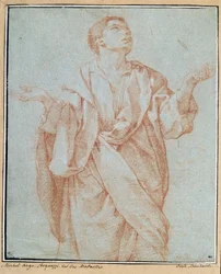 Mand draperer, arme åbne, øjne løftet til himlen, hovedet vipper Tegning a la sanguine af Bartolomeo Cesi (1556-1620) Dim. 0,28 x 0,23 m Paris. Louvre-museet
