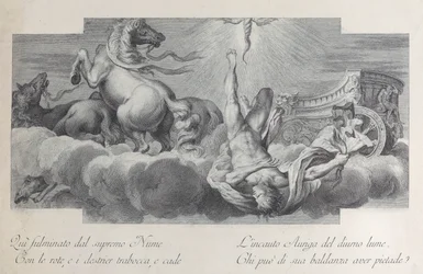 Plade 34: Auriga, vognmanden, falder fra vognen i midten med tre heste ved l..., 1756