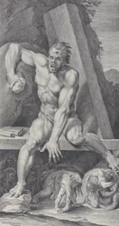 Plade 7: den blindede Polyfem, der bevogter indgangen til sin hule, med Ulysses og hans..., 1756
