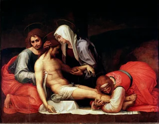Aflejringsmaleri af Bartolomeo della Porta dit Fra Bartolomeo (1472-1517) Dim.158x199 cm Firenze, Palazzo Pitti, Galleria Palatina - Deponeringen, af Bartolomeo della Porta a.k.a. Fra Bartolomeo (1472-1517). Olie på træ