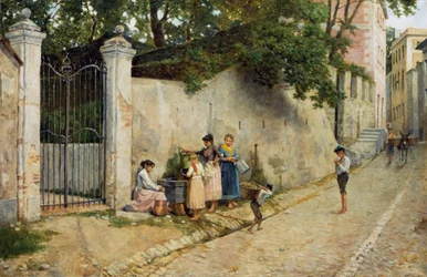 Ved springvand, af Bartolomeo Giuliano (1825-1909), olie på lærred, 64,5x100 cm