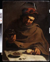 Morgenmad (morgenmad). Maleri af Bartolomeo Manfredi (1587-1622). Olie på lærred. Italiensk kunst, barokstil. Statens kunstmuseum, Kharkiv eller Kharkov, Ukraine.