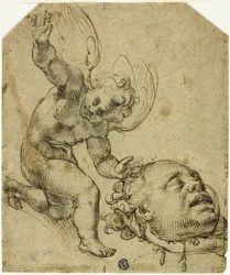 To skitser: Knælende putto, der holder et hoved (recto) Detaljer af et nøgent mandligt barn (verso)