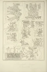 Aztekiske hieroglyffer fra Veletris manuskript, illustration fra 