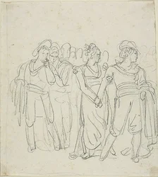 Brigadehøvding holdt tilbage af en kvinde (recto); Skitse af to figurer i et landskab (verso)