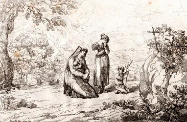 Ciociara kvinde, der beder foran korset, hvor hendes mand blev dræbt, ætsning af Bartolomeo Pinelli (Rom