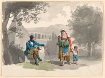 Tegning, En kvinde, der holder en dreng i hånden, passerer en herre, der sidder blandt ruiner i Campagna, 1807