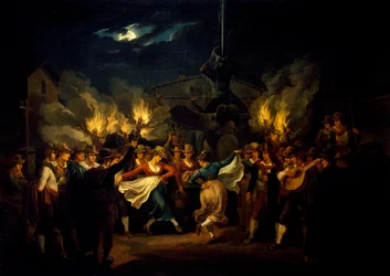 Natlig dans på Piazza Barberini efter høst, af Bartolomeo Pinelli (1781-1835), Italien
