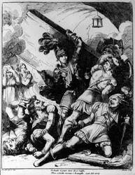 Orlando kaster træplade mod tyve bevæbnede mænd, illustration af Bartolomeo Pinelli (1781-1835) til XIII canto af Orlando Furioso af Ludovico Ariosto (1474-1533)