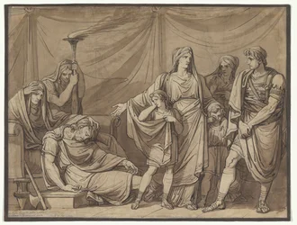 Dronning Tranquilla bliver vist liget af sin ægtemand Tarquinius, illustration til Charles Rollins romerske historie