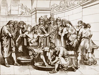 Den romerske filosof Seneca (Lucius Annaeus Seneca, 4 f.Kr.-65 e.Kr.), anklaget for deltagelse i en sammensværgelse mod kejser Nero, blev beordret til at begå selvmord - gravure af Bartolomeo Pinelli - Senecas død, gravure af Bartolomeo Pinelli