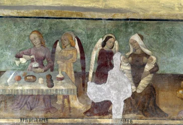Allegorisk scene, detalje fra cyklussen, der skildrer kavalkaden af laster og dyder, ca 1490, af Bartolomeo Serra og Sebastiano Serra, fresko, Stefans kapel, Giaglione, Piemonte, Italien