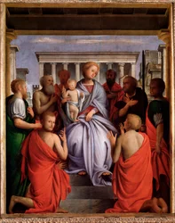 Madonna col Bambino e otto santi (Jomfru og barn med otte hellige, Madonna og barn med otte hellige) Maleri af Bartolommeo Suardi sagde Bramantino (1465-1530) 1515-1520 Dim 214x104 cm Firenze, Palazzo Pitti