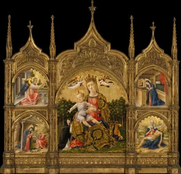 Ydmyghedens Madonna, Bebudelsen, Fødselen og Pietà, ca. 1465 (tempera og guld på træ)
