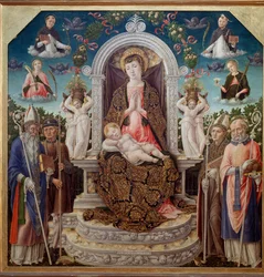 Jomfru og barn på tronen omgivet af Saint Augustine, Saint Roch, Saint Louis af Toulouse (Anjou), Saint Nicholas of Myre og i himlen Saint Catherine, Saint Dominica, Saint Peter the Martyr (Verona) og Saint Mary Madeleine (Jomfru med barn vid