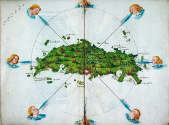 Isolario, på vers, med farvelagte tegninger og et kort over det østlige Middelhav på pergament, ca. 1480 (tegning på pergament)
