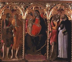 Triptykon: Madonna og Barn (centralt panel) med Sankt Johannes Døberen, Sankt Maria Magdalena, Sankt Christopher og Sankt Dominikus (tempera på panelet)