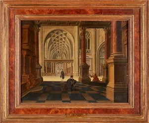 Figurer i et kirkeinteriør (olie på panel)