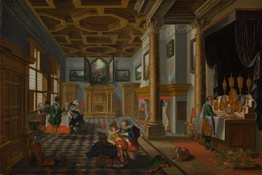 Renæssanceinteriør med banketter, ca. 1618-1622 (olie på panel)